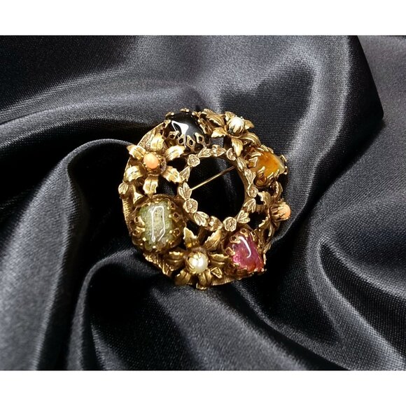 Vintage 1960s Gold-Tone Floral Brooch With Rose Quartz & Aventurine Stones - Picture 3 of 5